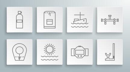 Set line Diving hood, Backpack, Sun and waves, watch, Snorkel, Fishing boat on water, Manifold and Aqualung icon. Vector