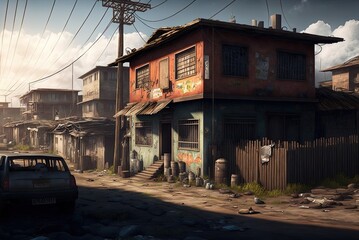 Poor, rundown, and shack-filled ghetto street. Generative AI - obrazy, fototapety, plakaty