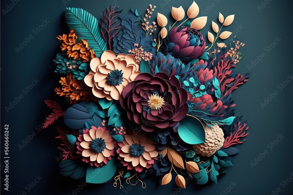 Poster a bouquet of flowers with leaves and flowers on a blue background with a gold frame and a name tag o