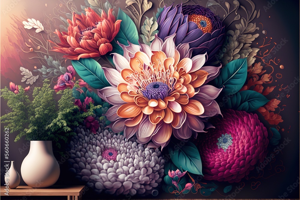 Poster a painting of a bunch of flowers on a wall with a vase and a plant in front of it on a table with a 