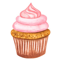 Cupcake with pink cream decorated. Hand drawn watercolor illustration. For postcards, invitations. Happy Valentine's Day