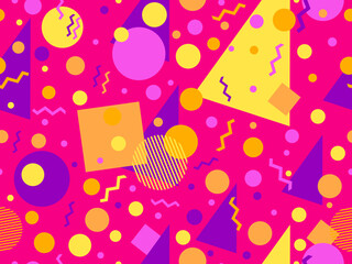 Seamless pattern with geometric shapes in 80s memphis style. Colorful geometric pattern. Design for promotional products, wrapping paper, brochures and printing. Vector illustration