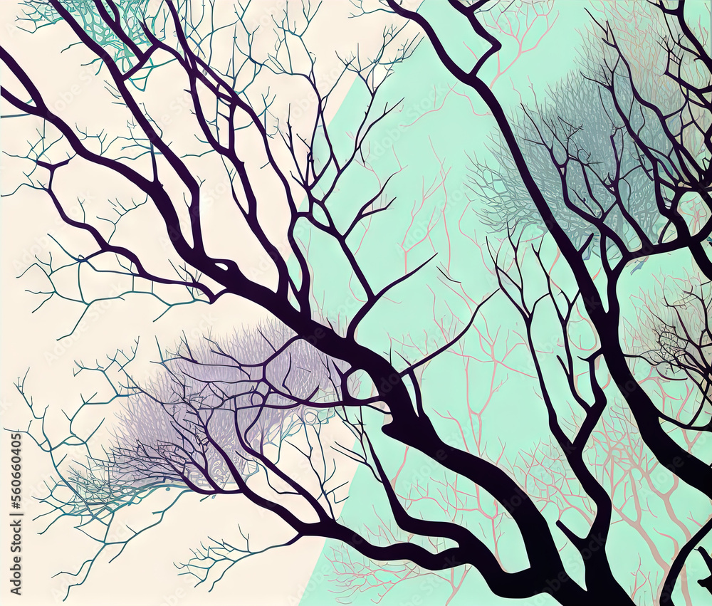 Poster a painting of a tree with no leaves on it and a sky background with a few clouds in the distance and
