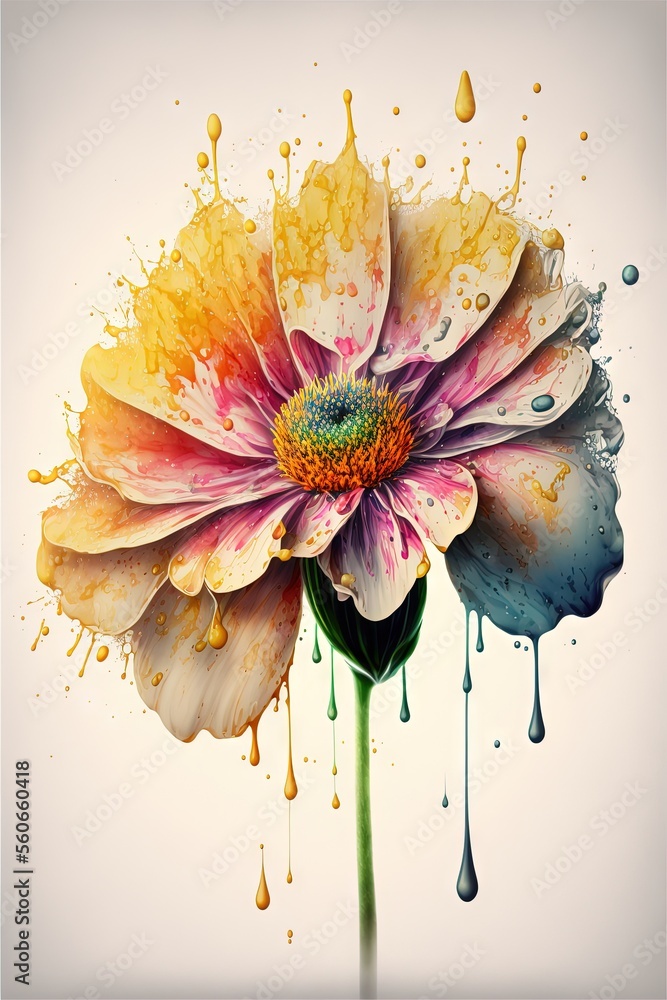 Poster a flower with drops of paint on it and a white background with a yellow and pink flower on it and a 
