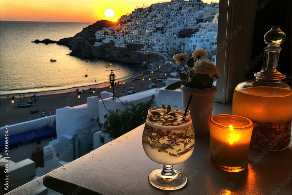 Poster a glass of drink sitting on a table next to a vase with flowers and a bottle of wine on it and a sun