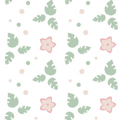 Vector seamless pattern with a monstera leaves and flowers. Floral simple wallpaper. Nature plant texture.