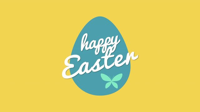 Happy Easter with retro blue egg on yellow gradient, motion holidays and spring style background