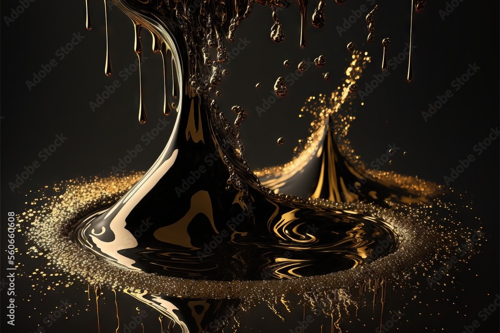 Aufkleber a black vase with gold liquid pouring out of it and a black background with gold flakes on it and a 
