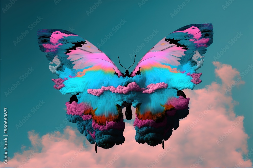 Poster a colorful butterfly flying through a blue sky with clouds in the background and a pink and blue bac