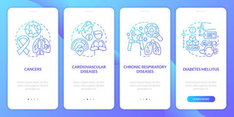 Naklejka premium Chronic diseases major groups blue gradient onboarding mobile app screen. Walkthrough 4 steps graphic instructions with linear concepts. UI, UX, GUI template. Myriad Pro-Bold, Regular fonts used