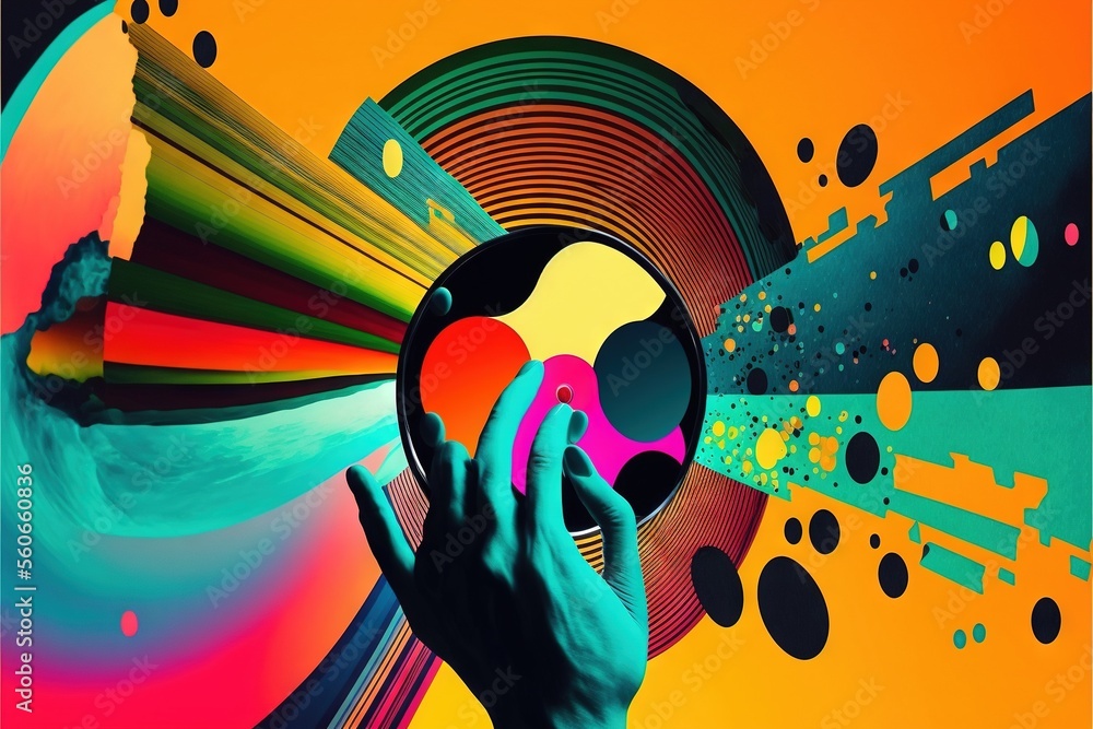 Poster a person holding a cell phone in front of a colorful background with circles and shapes on it, with 