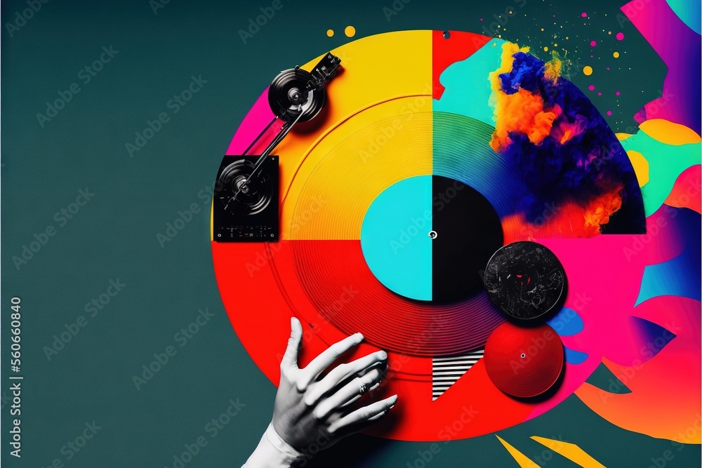 Poster a person holding a record with a colorful background and a hand reaching for it with a record in fro