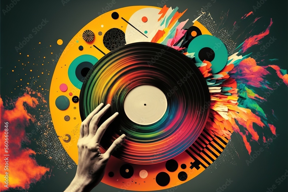Poster a person holding a record in front of a colorful background with a hand reaching for it on top of a 