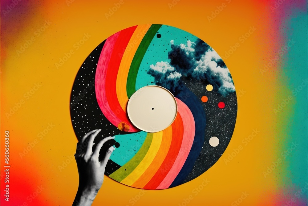 Poster a person holding a disc with a rainbow painted on it and a sky background with clouds and stars in t