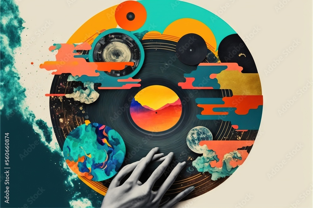Poster a person touching a record with their hand on it with a colorful background and a sky with clouds an