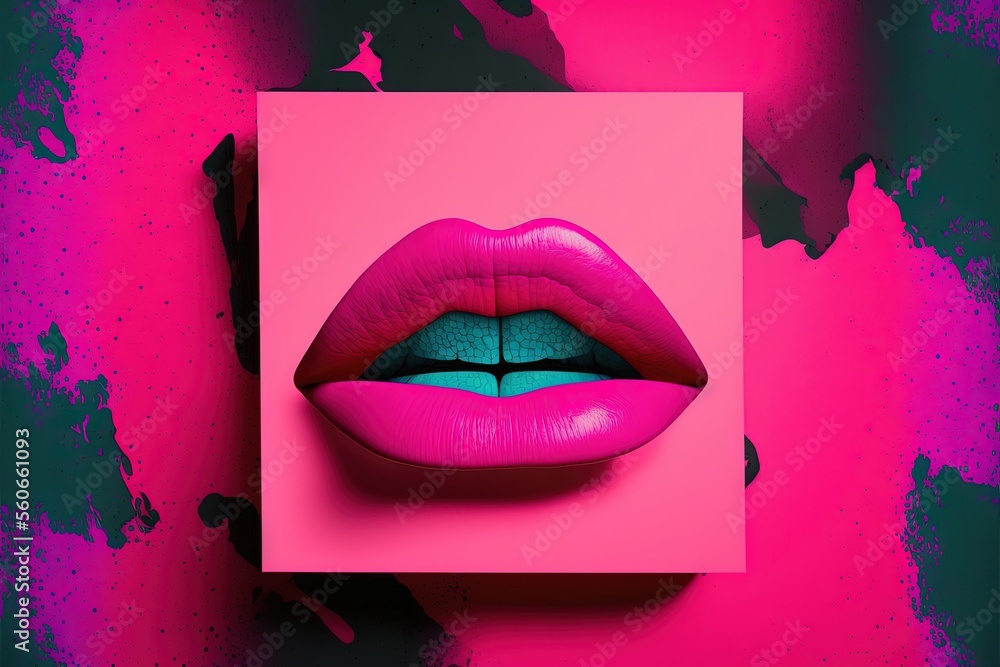 Poster a pink and blue lipstick on a pink background with a pink square in the middle of the image and a pi
