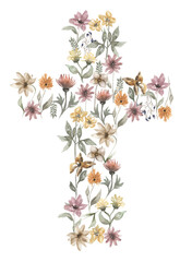 Watercolor wildflowers cross clip art, meadow florals religion illustration, field flowers baptism cross clipart, rustic florals print, wedding invitation, card design, easter - 560661018