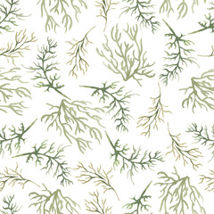 Fototapeta premium Watercolor green branch seamless pattern, delicate greenery repeat paper, florals background, grass paper, textile printing