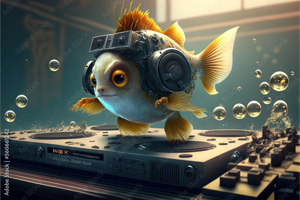 Poster a fish with headphones on top of a stereo system with bubbles around it and a man in a suit standing
