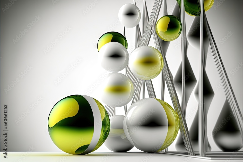 Poster a group of balls and poles with a white background and a green and white one in the middle of the pi