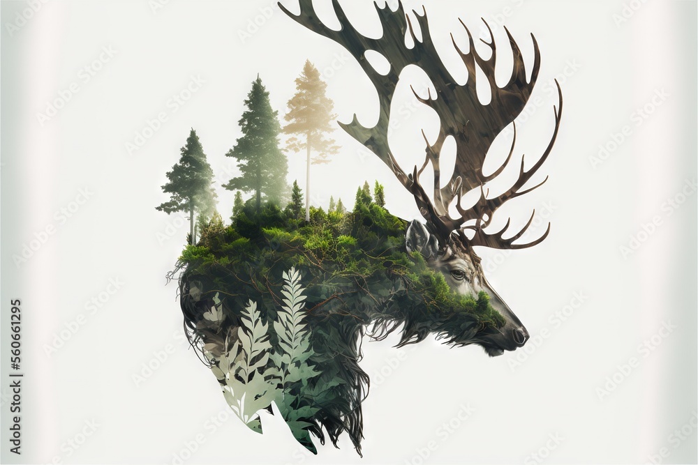 Poster a deer head with trees and bushes on it's back side, with a sky background and a white background wi