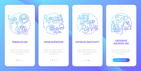 Naklejka premium Chronic disease risk factors blue gradient onboarding mobile app screen. Walkthrough 4 steps graphic instructions with linear concepts. UI, UX, GUI template. Myriad Pro-Bold, Regular fonts used