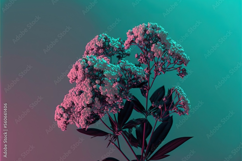 Poster a vase with flowers in it sitting on a table next to a wall with a blue and pink background and a pi