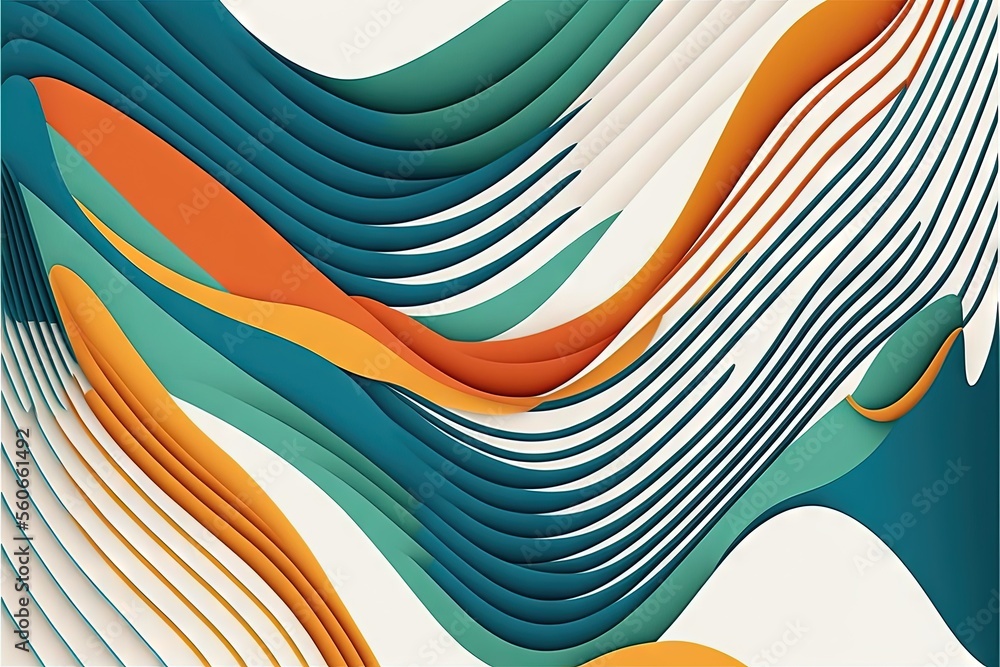 Poster a colorful abstract painting with wavy lines and curves in blue, orange, and white colors on a white