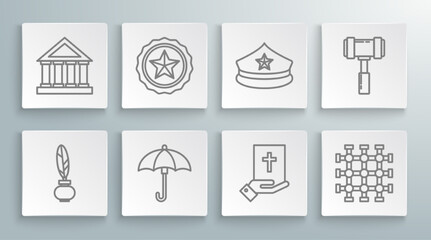 Set line Feather and inkwell, Police badge, Umbrella, Oath on Holy Bible, Prison window, cap with cockade, Judge gavel and Courthouse building icon. Vector