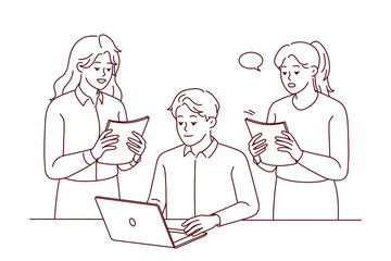 Female employee with paperwork stand near male boss or CEO in office. Businesspeople cooperate at table at workplace using computer. Teamwork. Vector illustration. 