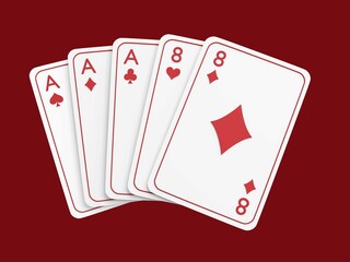 Full House Poker 3d render. Casino cards poker on red background.