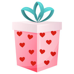 Vector pink cute gift box with hearts isolated on white background. Valentine's day, christmas, birthday surprise illustration. Present box for event.