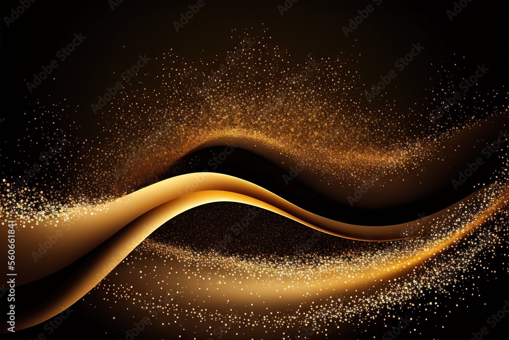 Poster a gold background with a wave of gold glitters on it and a black background with a gold swirl and st