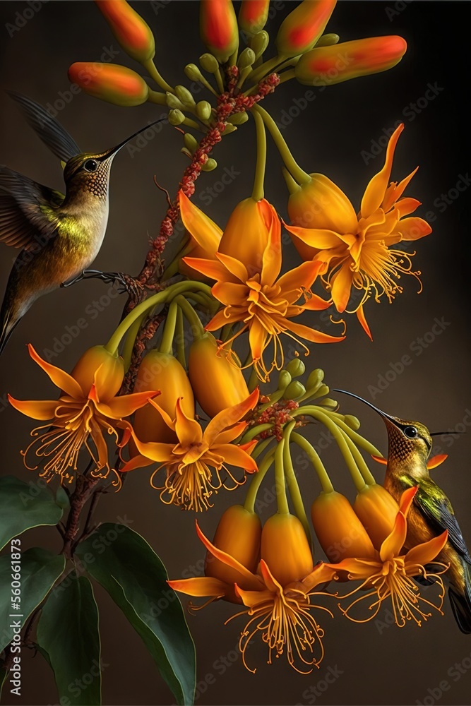 Poster a hummingbird sitting on a branch of a flower with yellow flowers in the background and a dark backg