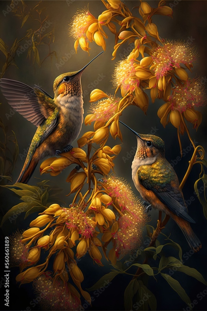 Poster two hummingbirds sitting on a branch of a flowery tree with yellow flowers in the background and a d