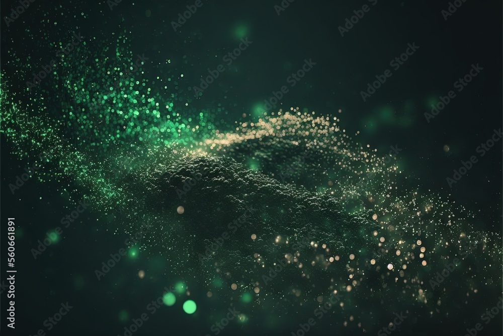 Poster a green and black background with small bubbles of light and a blurry image of a green and black bac