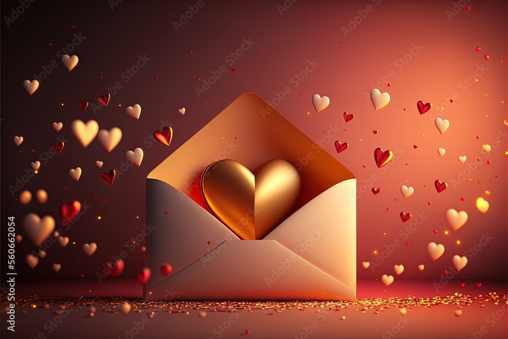 Aufkleber a heart - shaped paper in an envelope with hearts coming out of it and falling out of it on a pink b