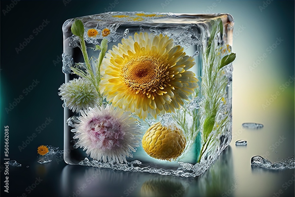 Poster a picture of a flower in an ice cube with water droplets around it and a few flowers on the ice cube