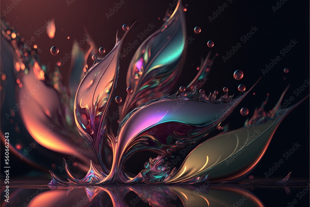 Aufkleber a colorful flower with water droplets on it's petals and leaves on a black background with a reflect