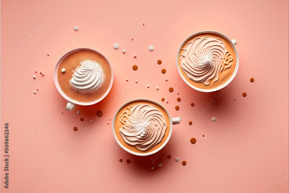 Aufkleber three cups of coffee with whipped cream on them on a pink background with scattered dots and a pink 