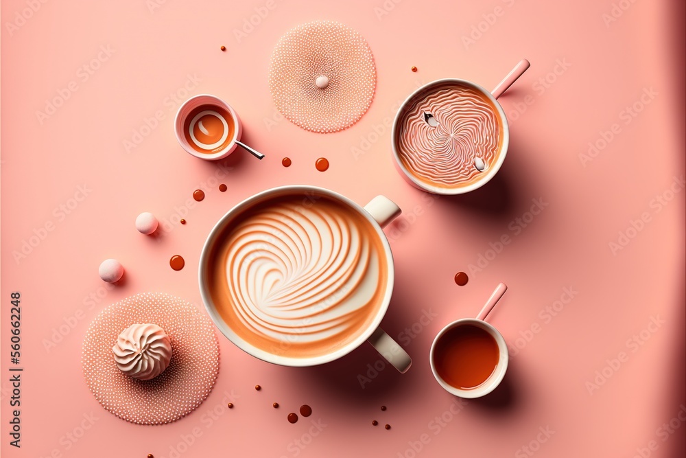 Aufkleber a pink background with three cups of coffee and a donut on the side of the cup and a donut on the ot