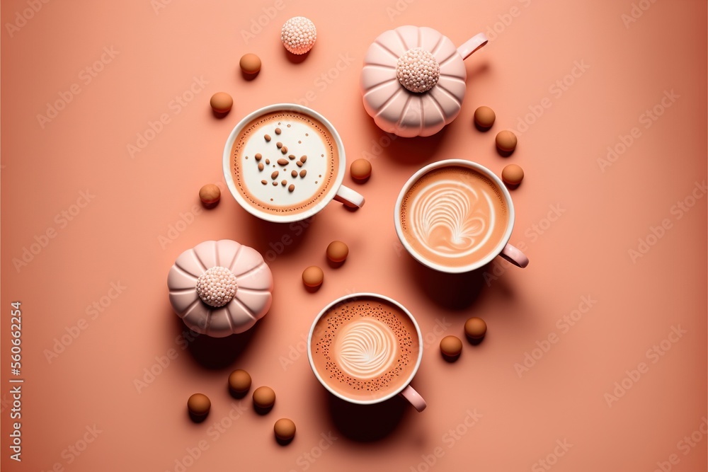 Aufkleber a group of coffee cups with different toppings on a pink background with a pink background and a pin