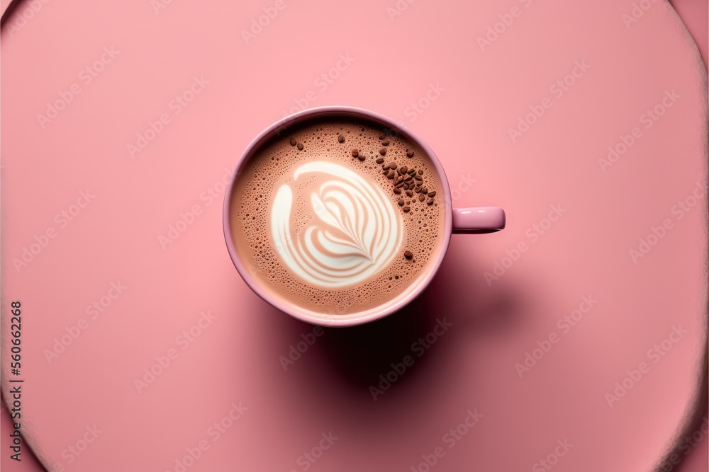 Poster a cup of coffee with a swirl in it on a pink surface with a pink background and a pink background wi