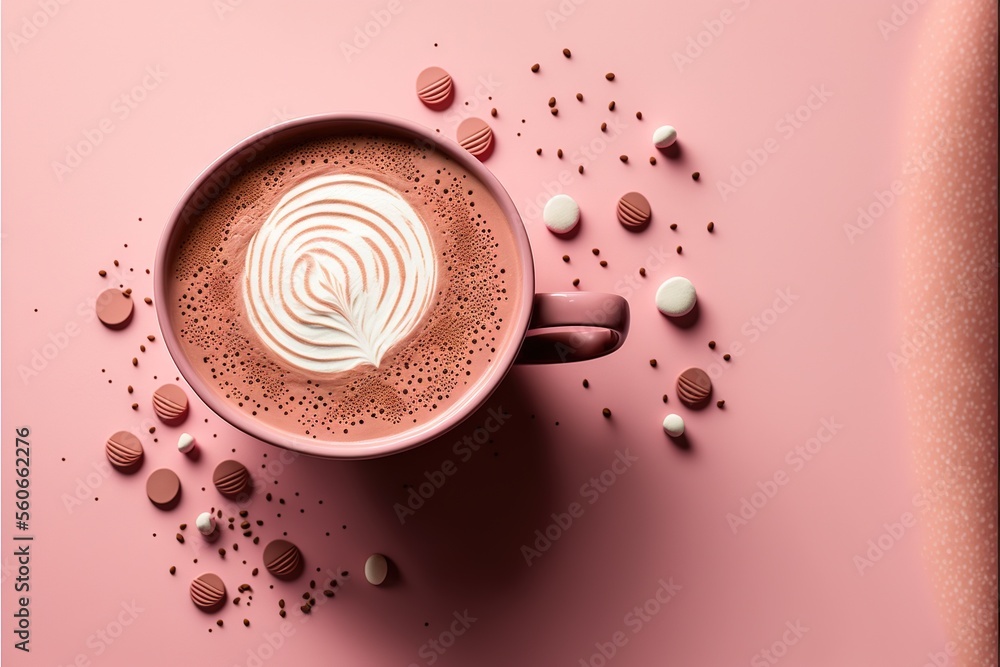 Aufkleber a cup of coffee with a swirl in the foam on top of it and chocolates scattered around it on a pink b