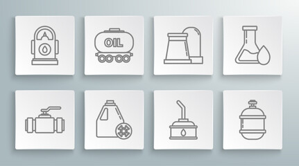 Set line Industry metallic pipes and valve, Antifreeze canister, Canister for motor machine oil, Propane gas tank, industrial factory building, petrol test tube and Petrol Gas station icon. Vector