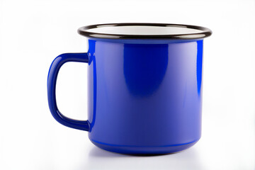 Close up huge blue mug. Parliament blue cup for tea or soup isolated on white background with clipping path. Dark blue authentic ceramic coffee cup mockup. 