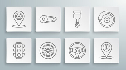 Set line Traffic light, Timing belt kit, Car wheel, Steering, Location with parking, Engine piston, brake disk caliper and service icon. Vector