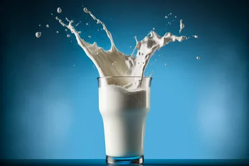 Rolgordijnen Realistic fresh milk splash in a glass.Milk pouring and splashing into glass on a blue background. Food photography. © Carkhe