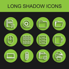 Set line Laptop, Paper clip, Delete file document, Folder settings with gears, Printer, Office folders papers and documents, Coffee cup and Drawer icon. Vector