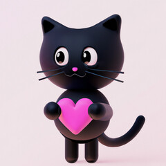 Black cat in love, Black cat holding heart illustration, Generative Ai